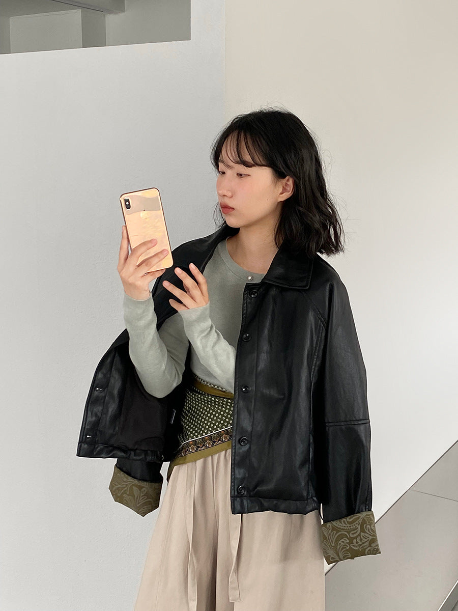 復古翻領拼接黑色工裝寬鬆皮衣夾克