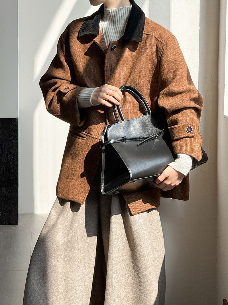 韓系復古翻領氣質撞色羊毛夾克外套-2色