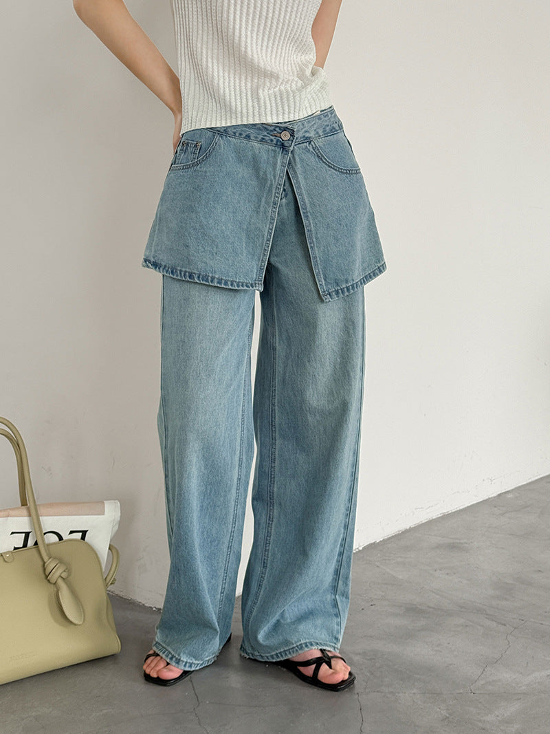 韓系小衆水洗可拆牛仔屁簾高腰顯瘦直筒牛仔褲