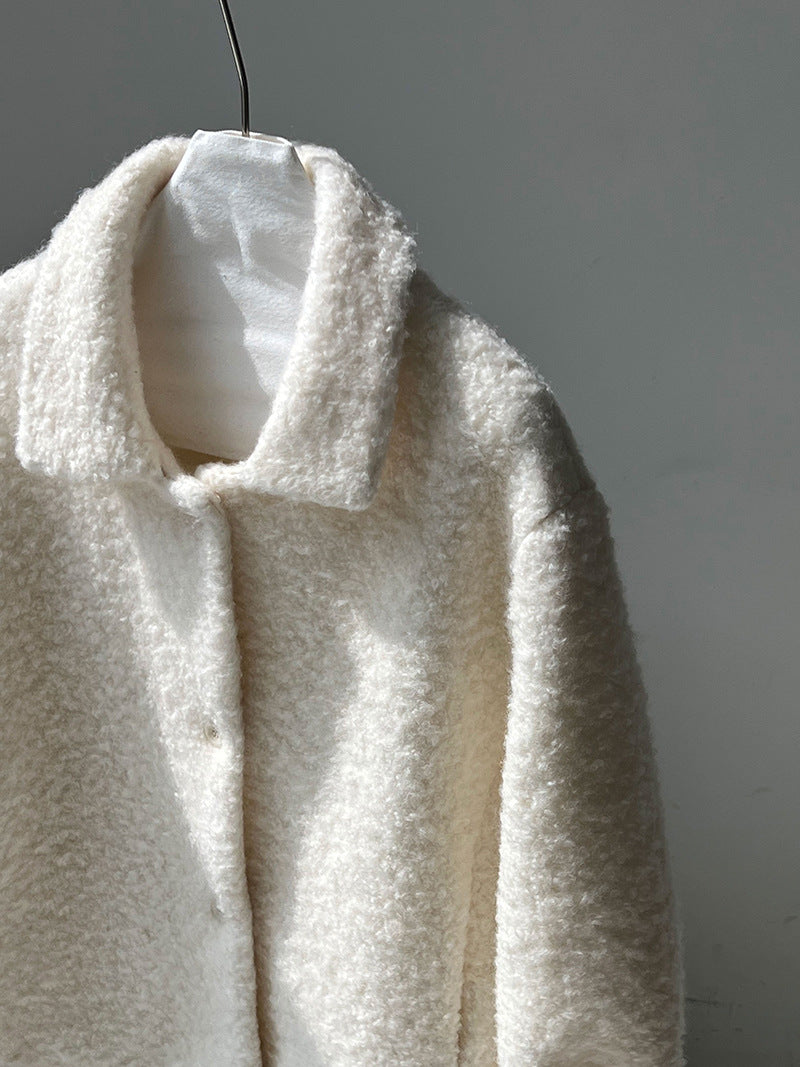 韓版單排扣短款羊羔毛翻領外套-2色