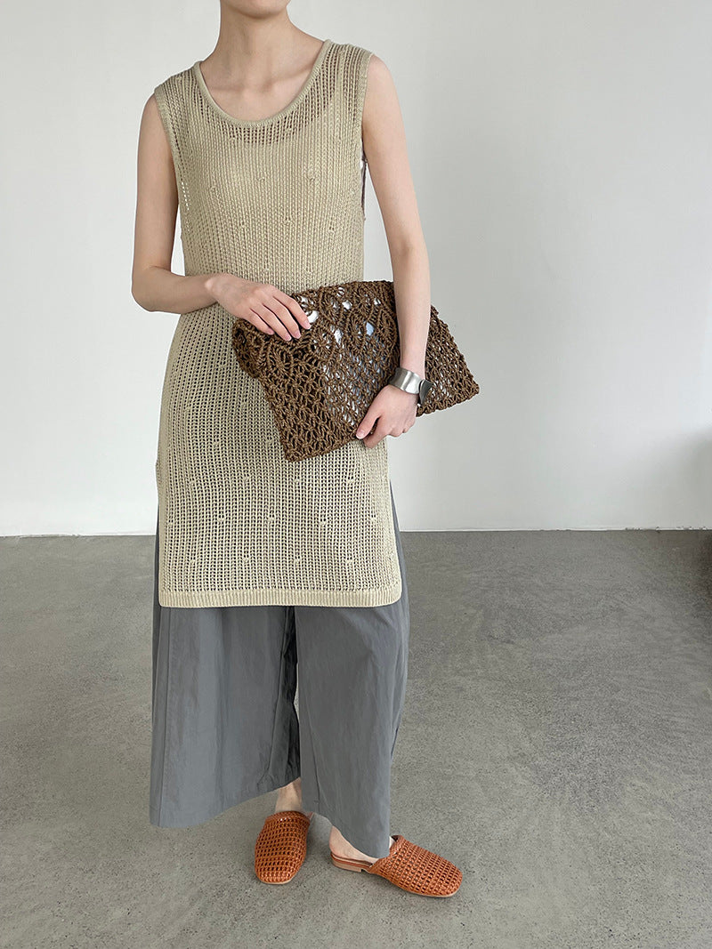 韓系側開叉圓領疊穿鏤空中長背心連身裙-4色