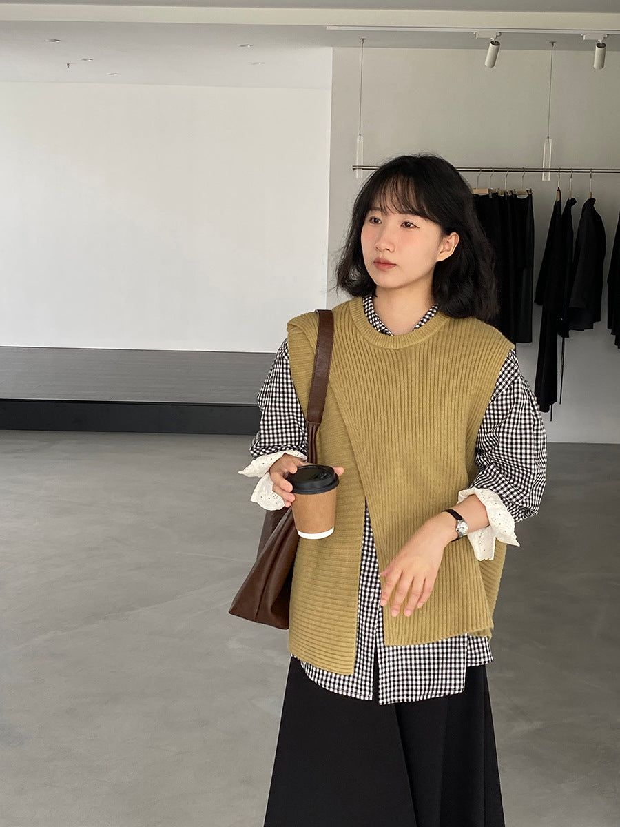 韓版不規則疊穿百搭款針織馬甲上衣-3色