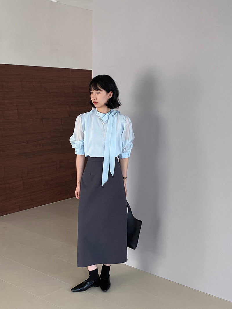 韓版高品質顯瘦西裝無袖馬甲+半身裙+配腰帶-三件式套裝