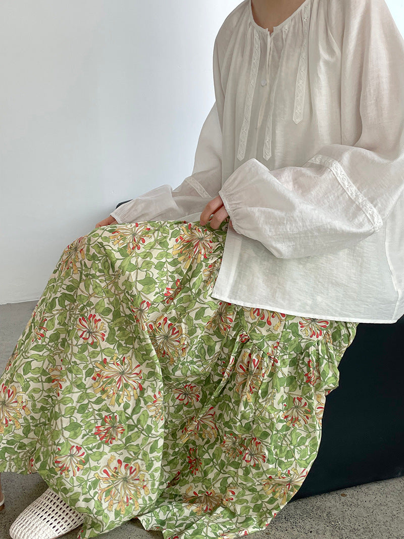 法式刺繡拼接燈籠袖圓領娃娃衫襯衫-2色