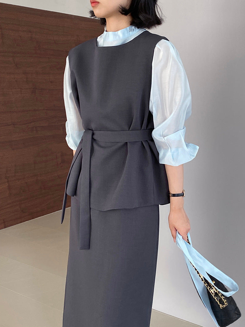 韓版高品質顯瘦西裝無袖馬甲+半身裙+配腰帶-三件式套裝
