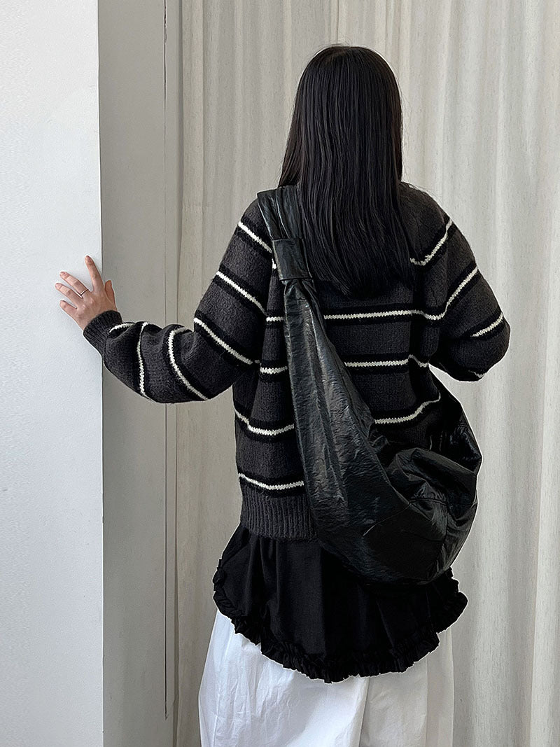 韓系短款羊毛撞色慵懶條紋針織開衫-3色