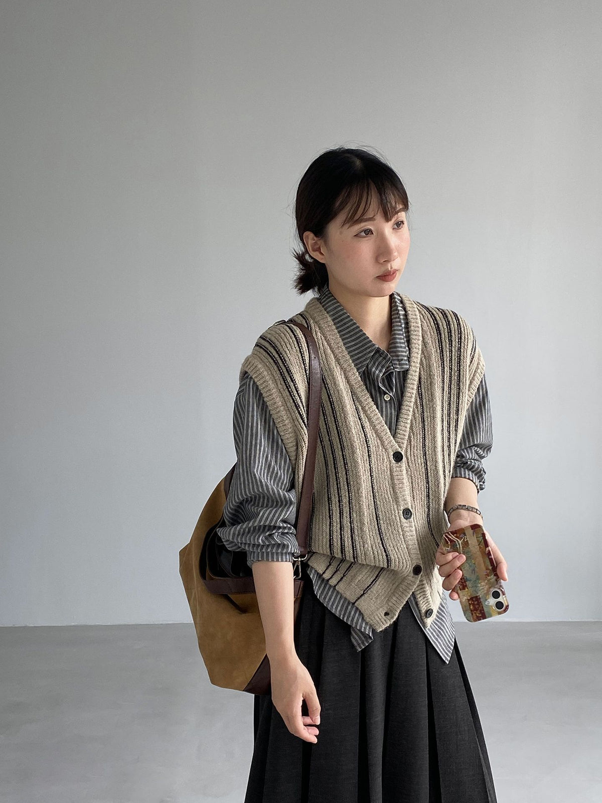 老錢風V領條紋無袖針織馬甲背心-4色