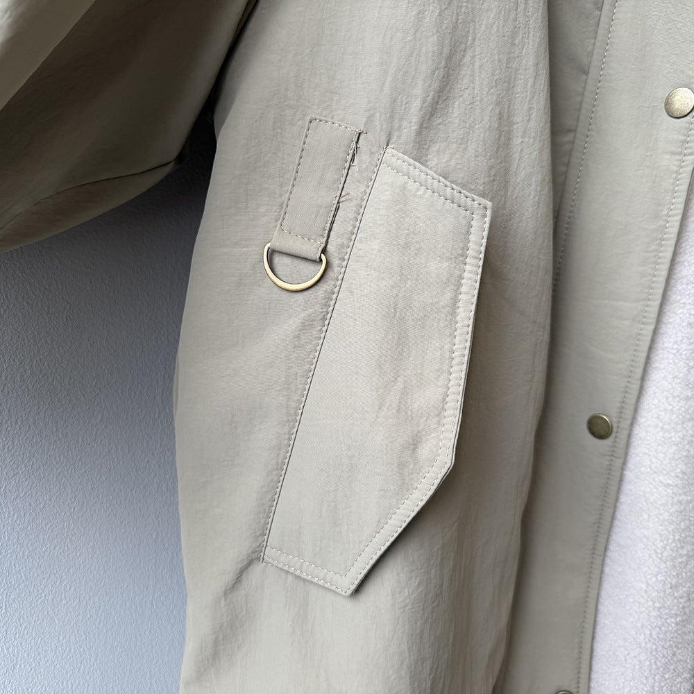 韓系設計感立領羊羔毛工裝保暖派克外套-2色