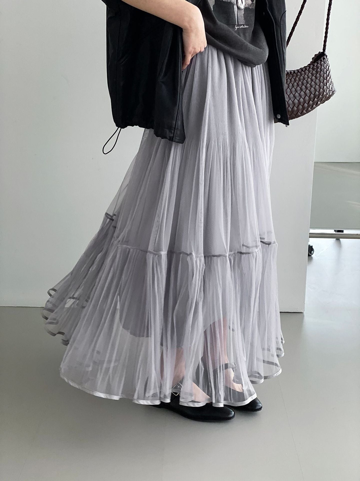 韓系溫柔飄逸網紗拼接百搭浪漫半身裙-3色