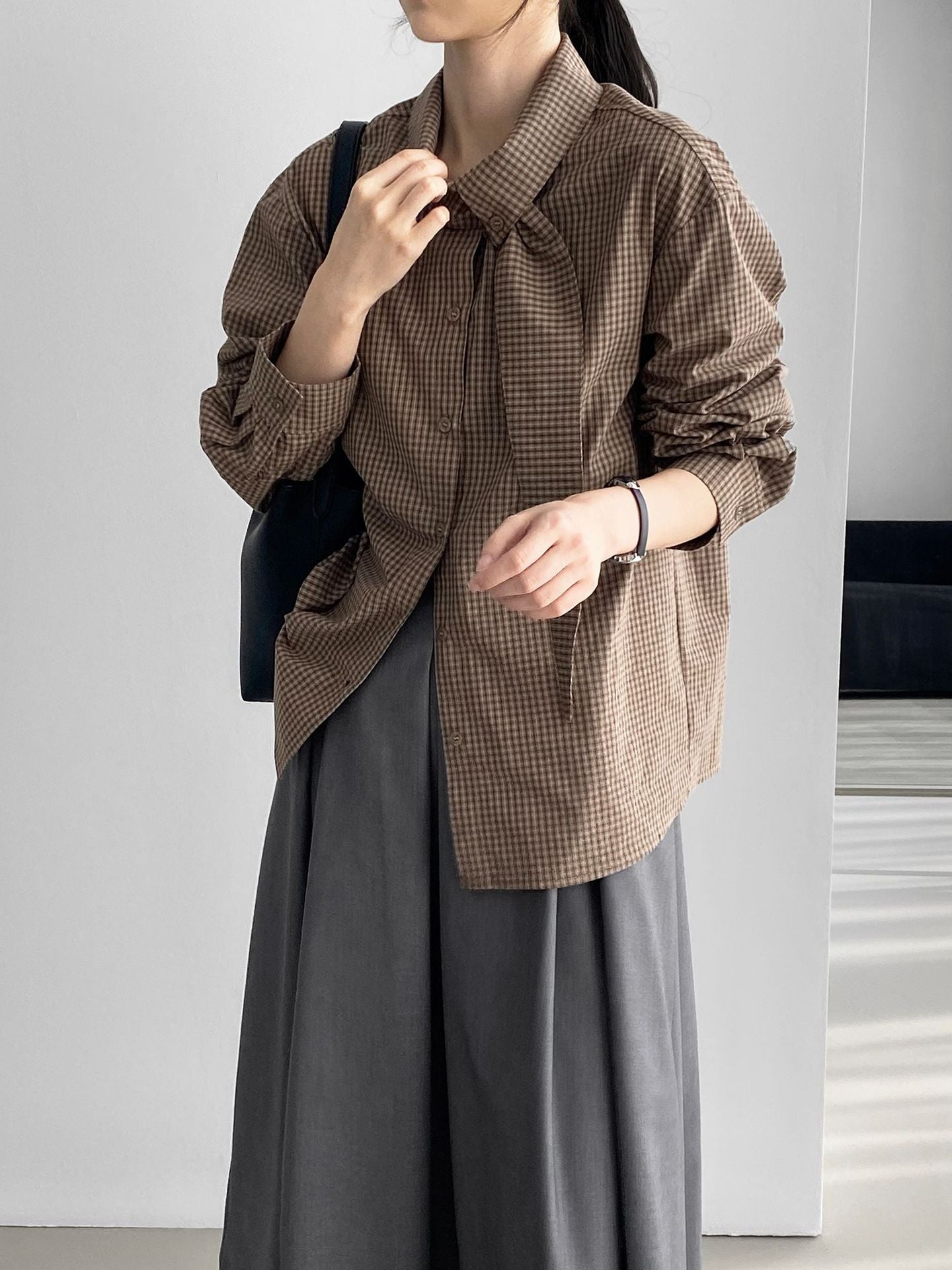 韓系設計感小衆領結格子襯衫-2色