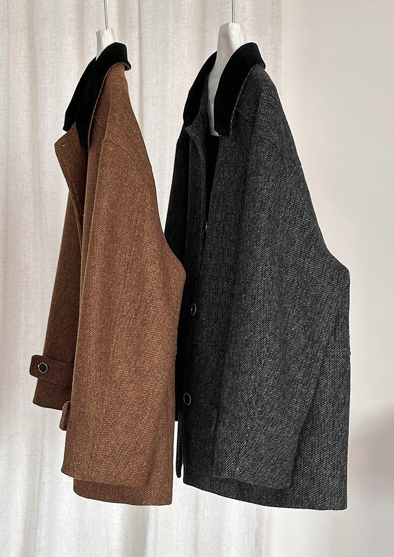 韓系復古翻領氣質撞色羊毛夾克外套-2色