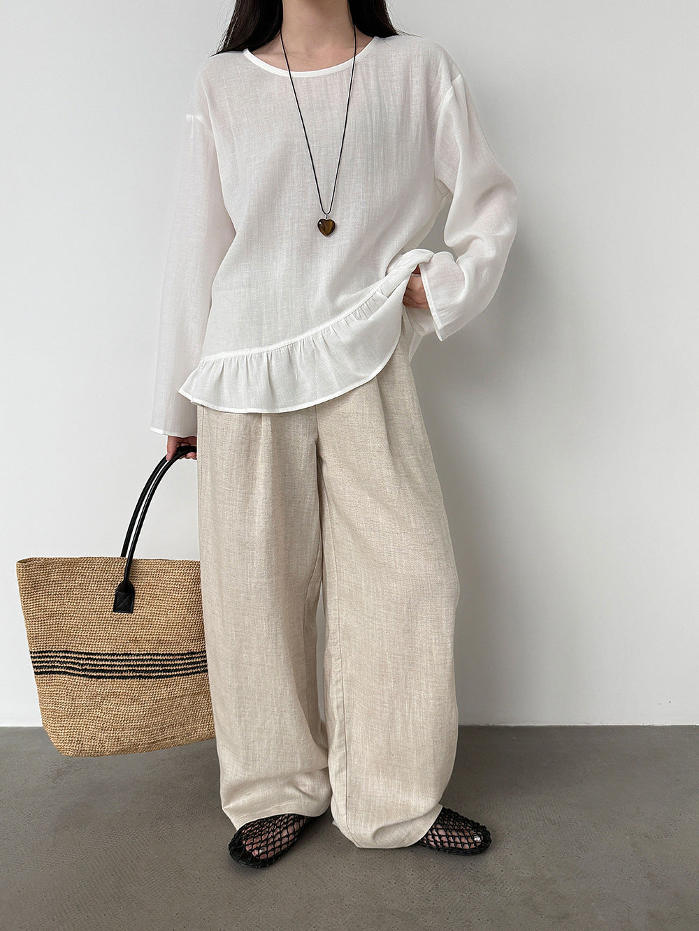 韓系亞麻垂墜感鬆緊腰闊腿褲-3色