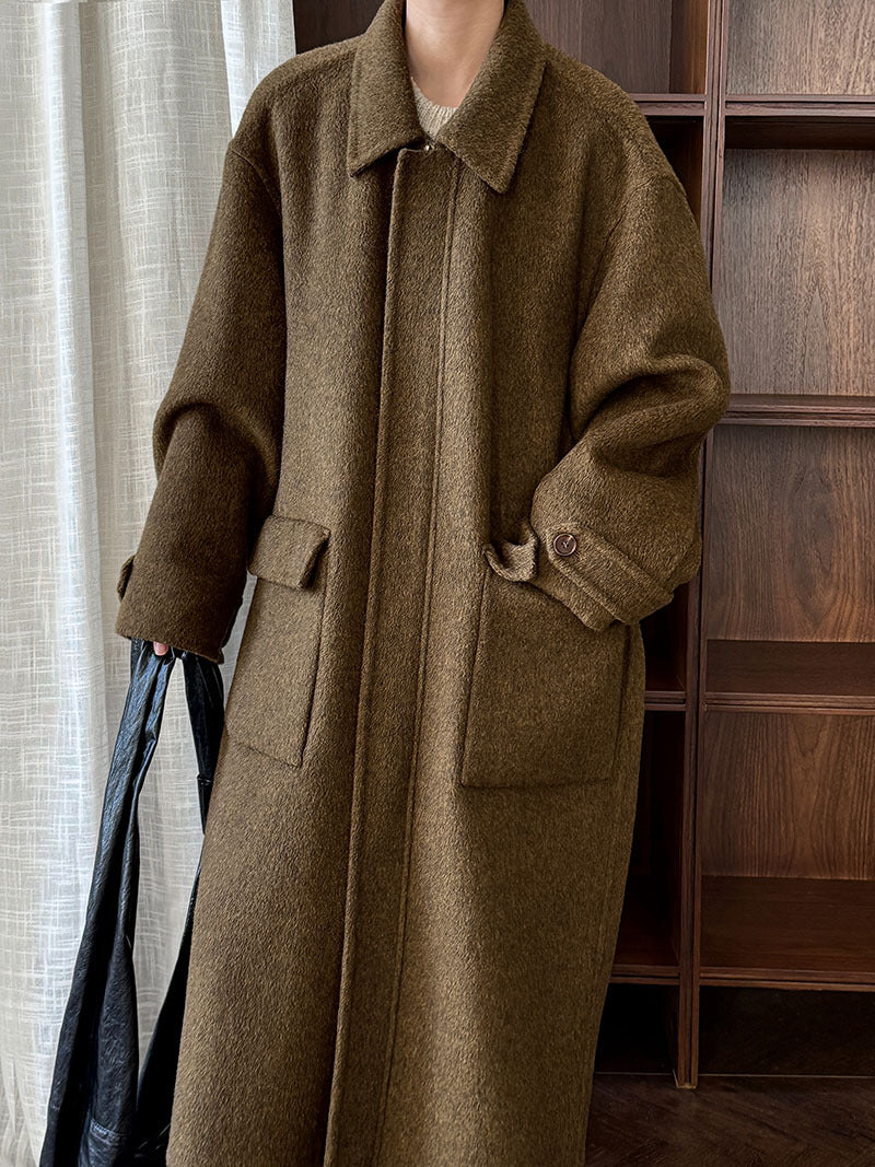 韓系高質感羊毛翻領拉鍊雙面呢大衣外套-2色