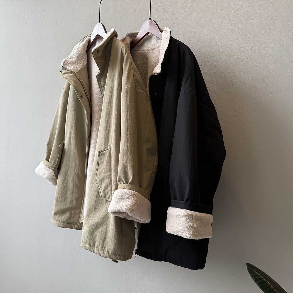 韓系設計感立領羊羔毛工裝保暖派克外套-2色