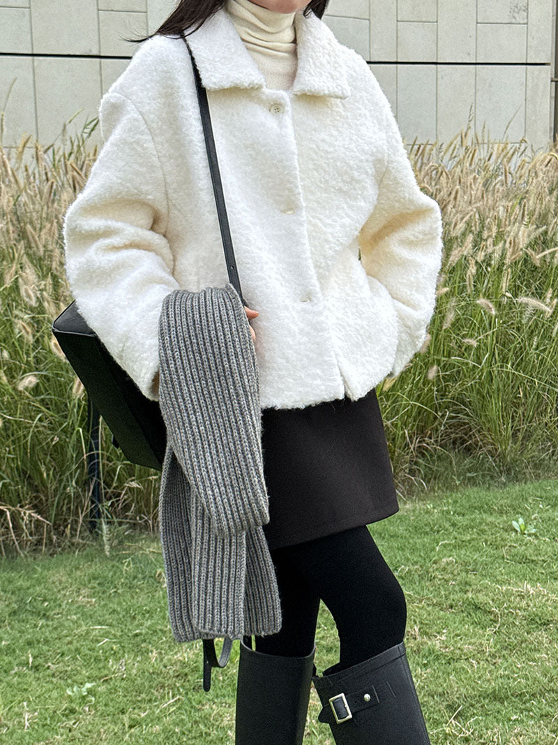 韓版單排扣短款羊羔毛翻領外套-2色