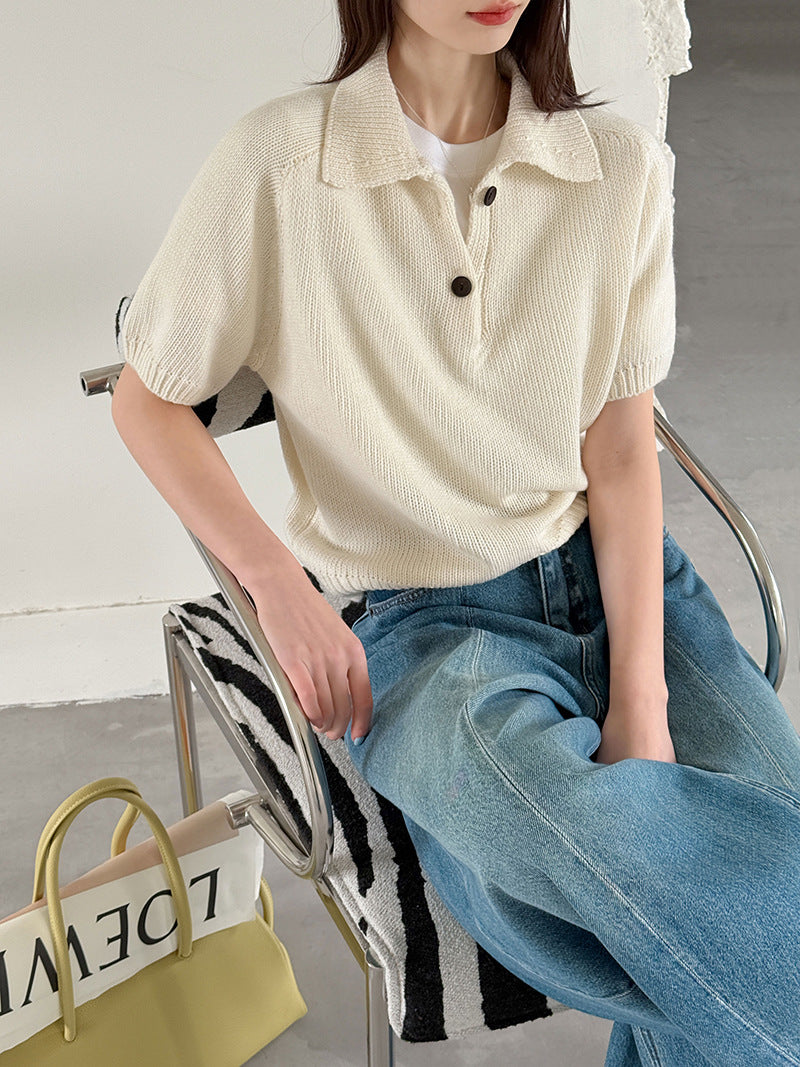 韓系氣質疊穿簡約Polo領針織顯瘦短袖毛衣-3色
