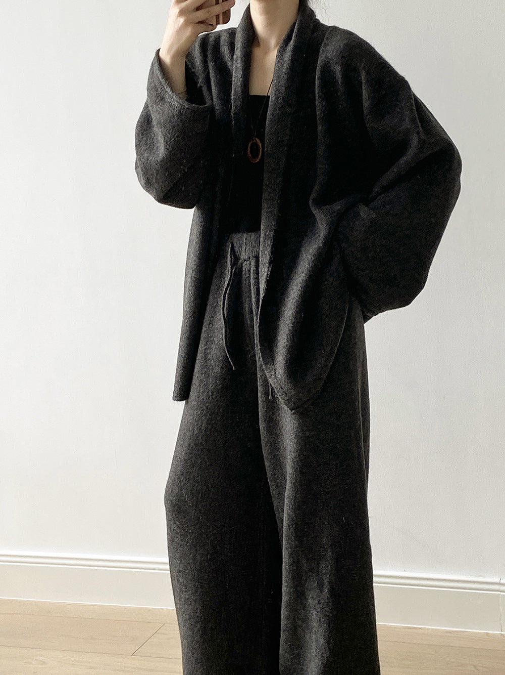 (48H出貨)高級慵懶風繫帶針織開衫+高腰闊腿褲-兩件式套裝-3色