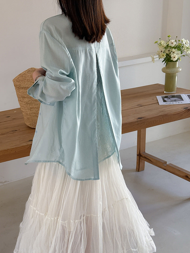 韓系天絲純欲感背後蕾絲純色襯衫外套-2色