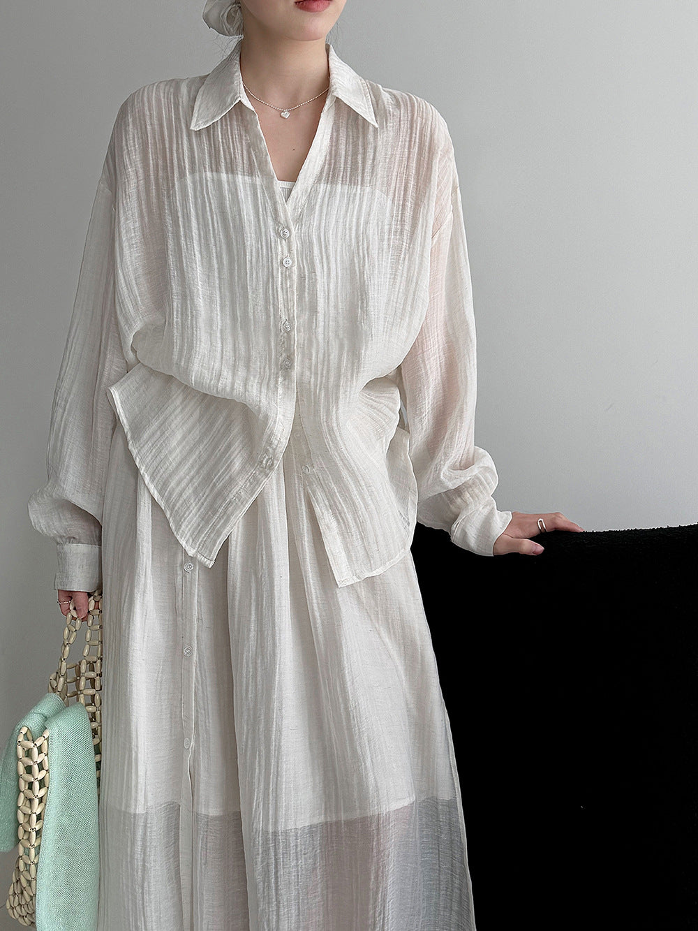 復古慵懶春感打褶襯衫+休閒半身裙-兩件式套裝-3色