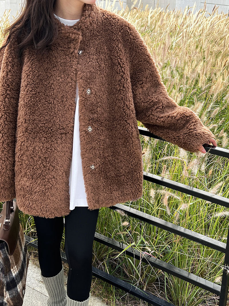 美拉德立領羊羔毛皮毛一體外套大衣-2色