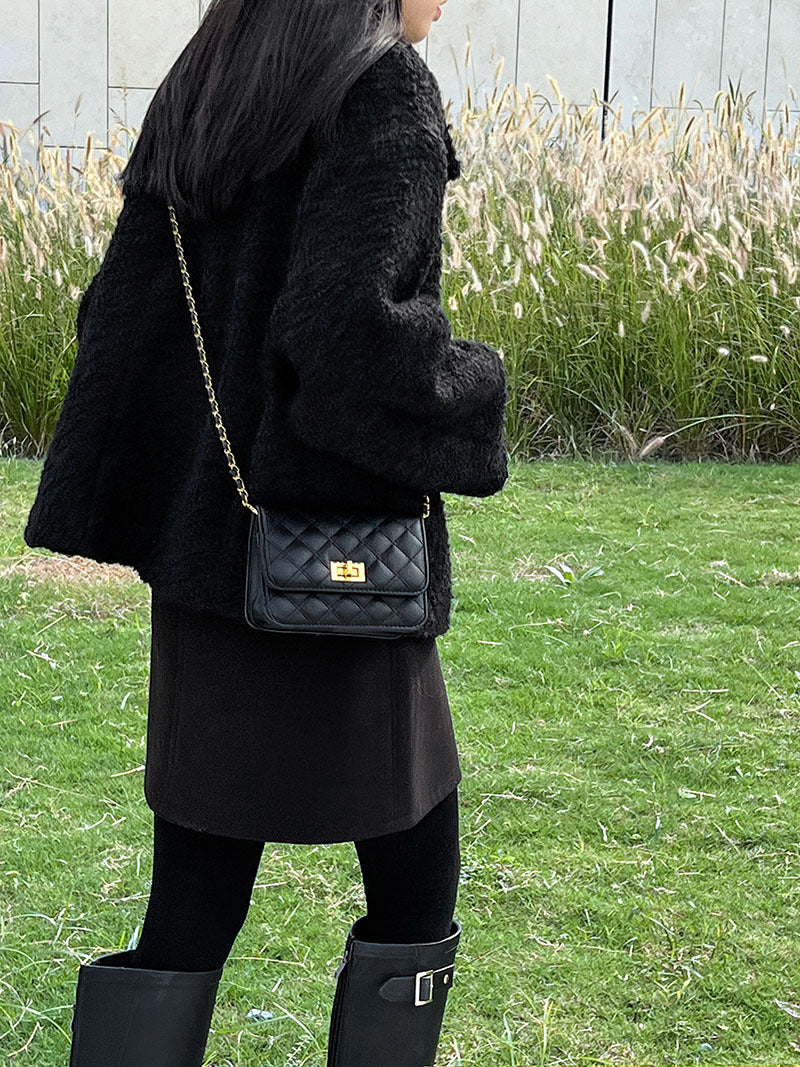 韓版單排扣短款羊羔毛翻領外套-2色