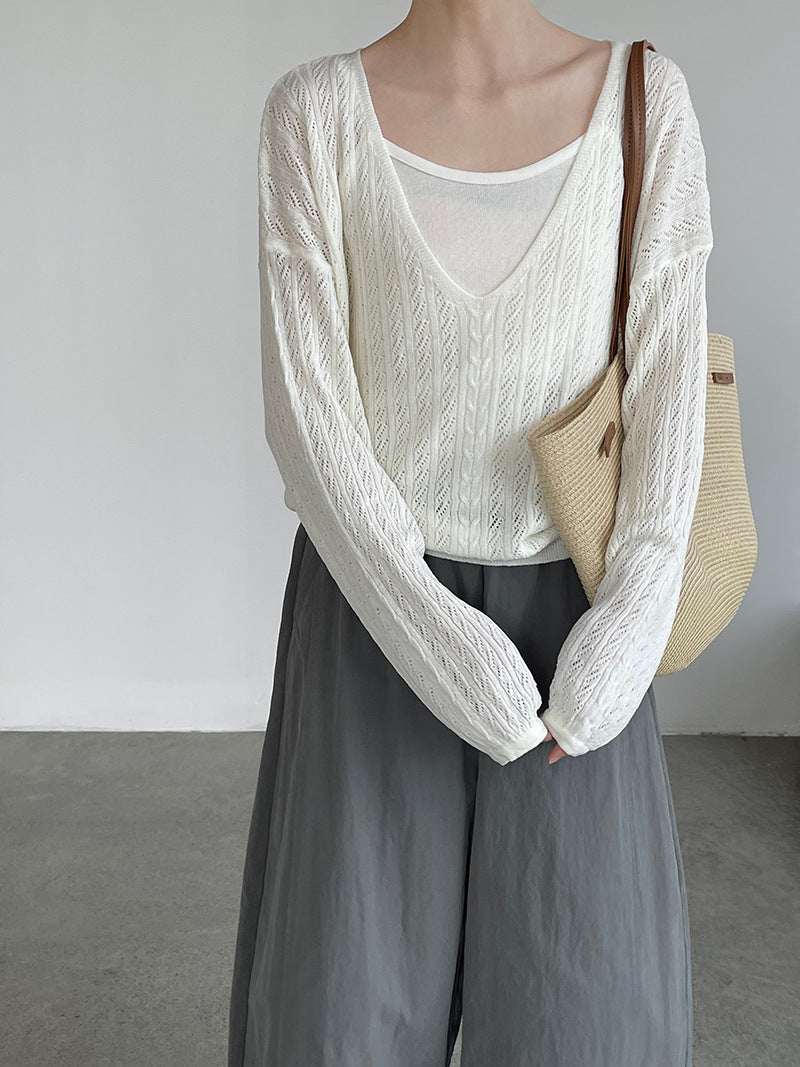 韓系鏤空V領防曬針織罩衫+吊帶上衣-兩件式套裝-4色