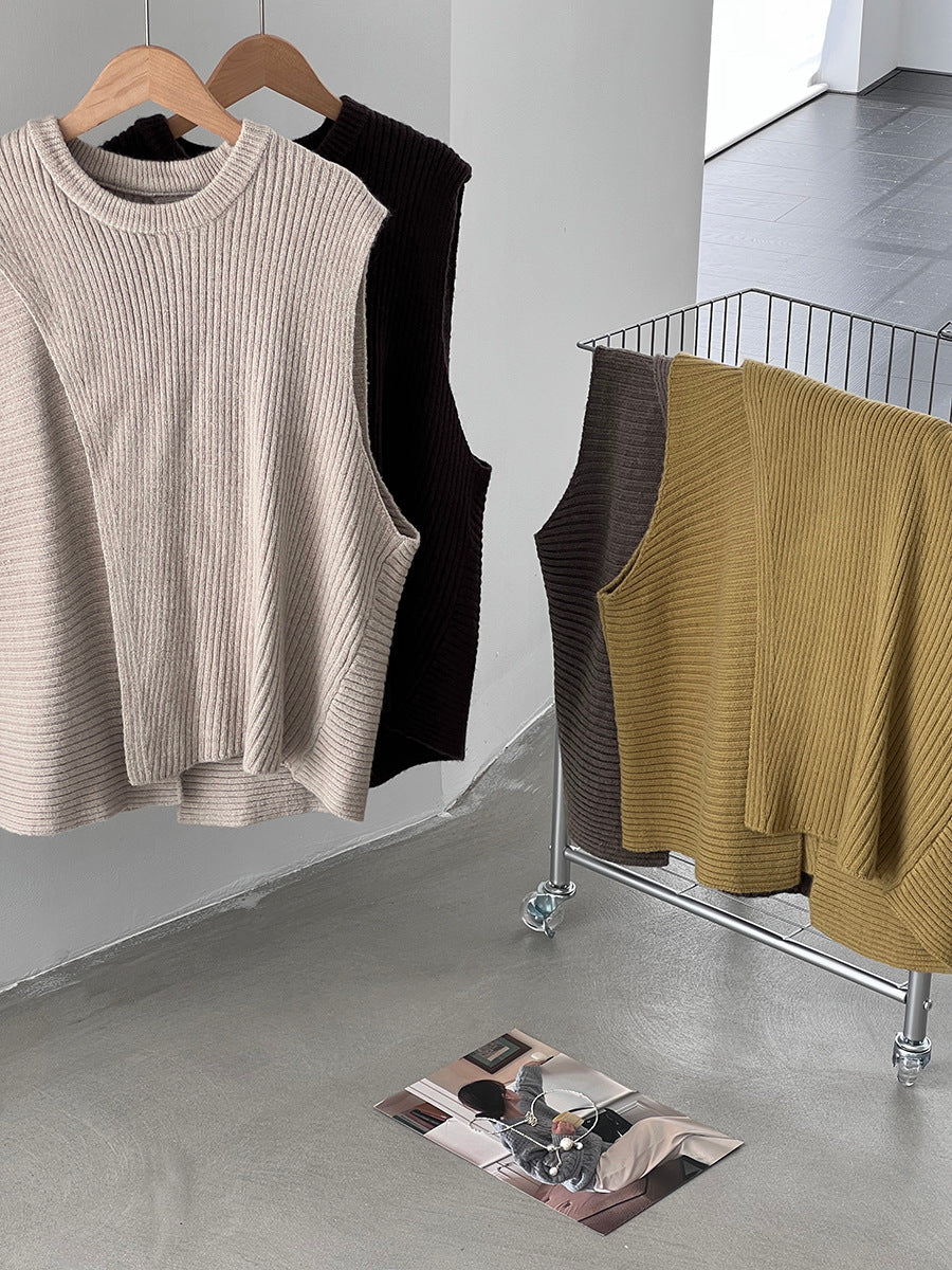 韓版不規則疊穿百搭款針織馬甲上衣-3色