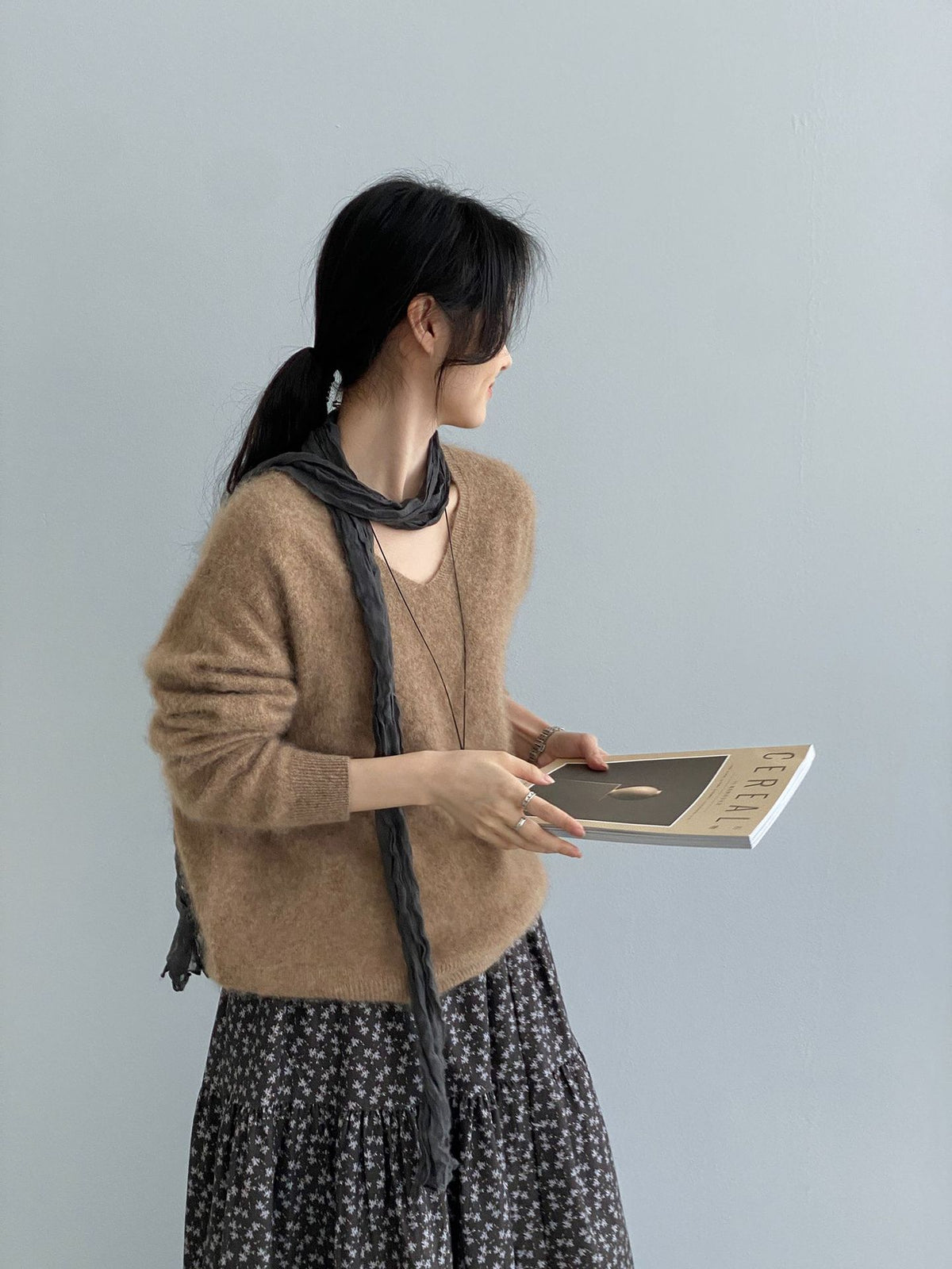 桑蠶絲羊毛V領寬鬆針織毛衣-7色