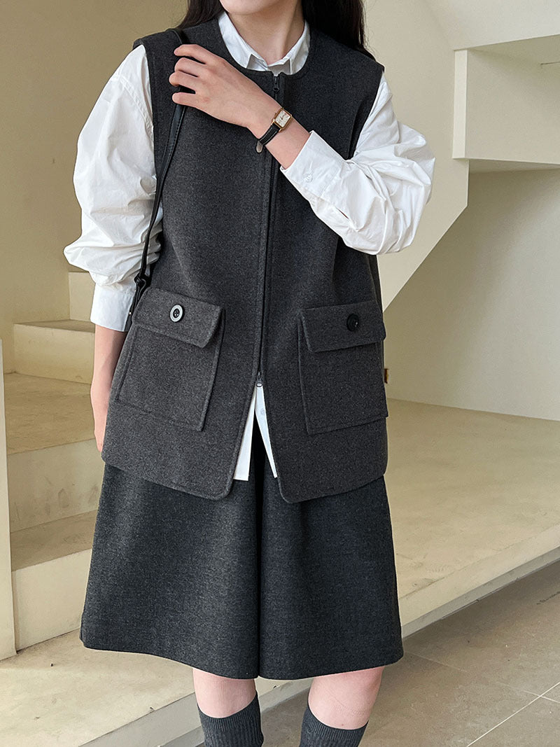 高級感寬鬆毛呢疊穿氣質圓領馬甲