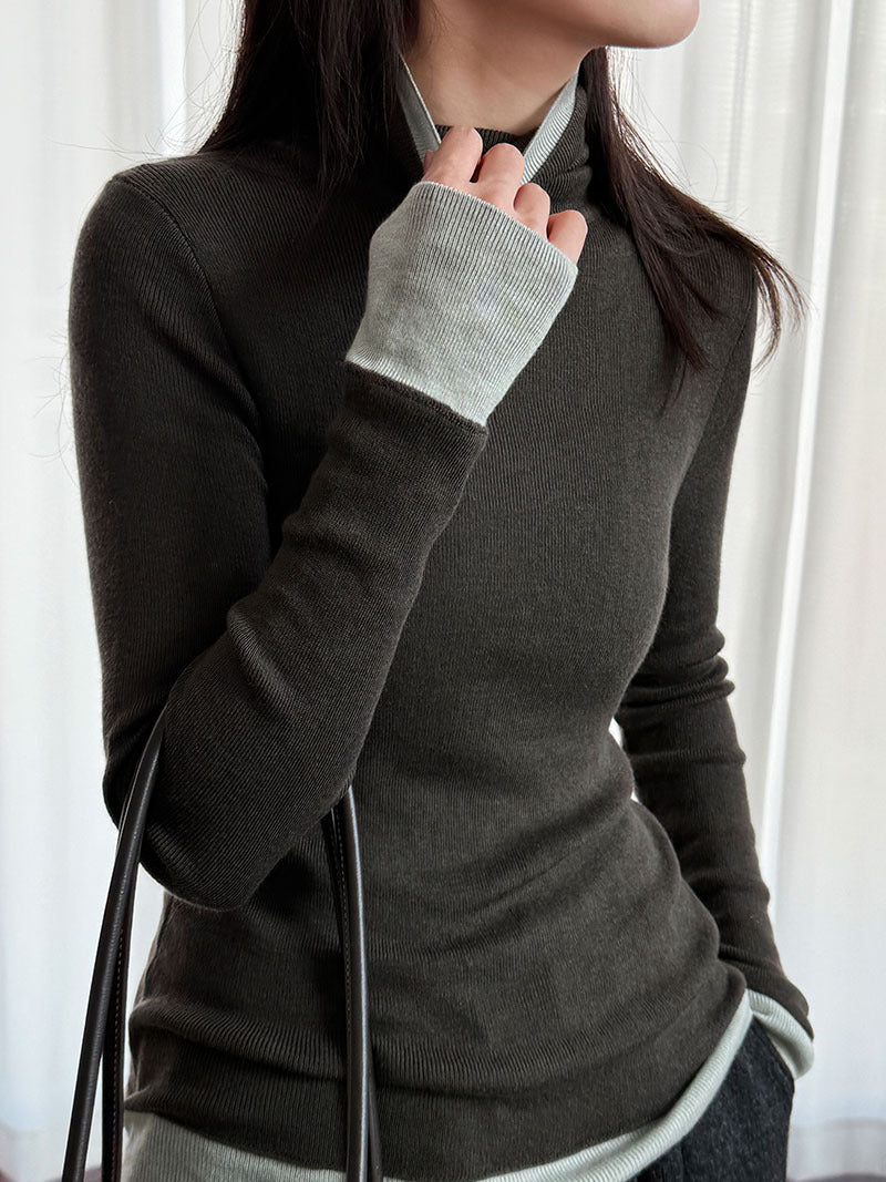 修身顯瘦軟糯撞色高領打底針織衫-3色
