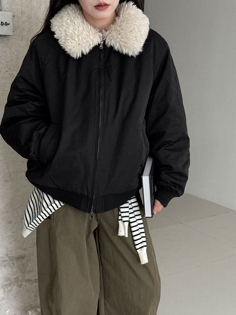 韓系保暖毛毛領夾棉夾克外套-2色