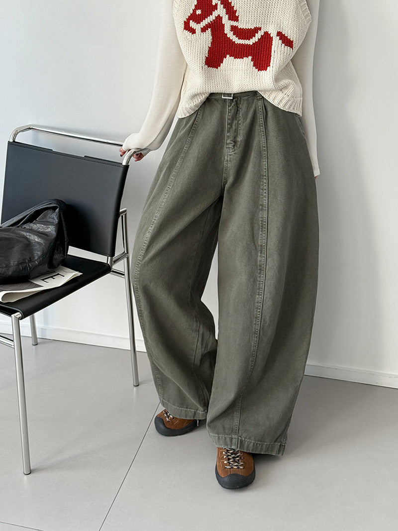 韓系復古高腰寬鬆顯瘦闊腿牛仔褲+腰帶-3色