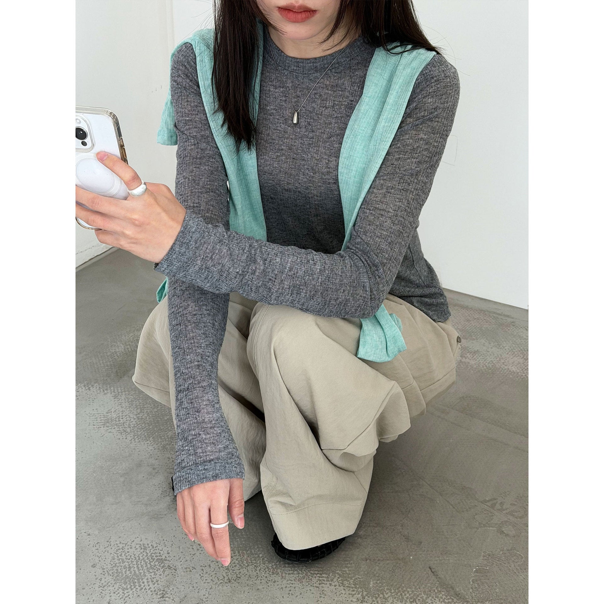 韓系透膚肌理感百搭長袖打底上衣-4色