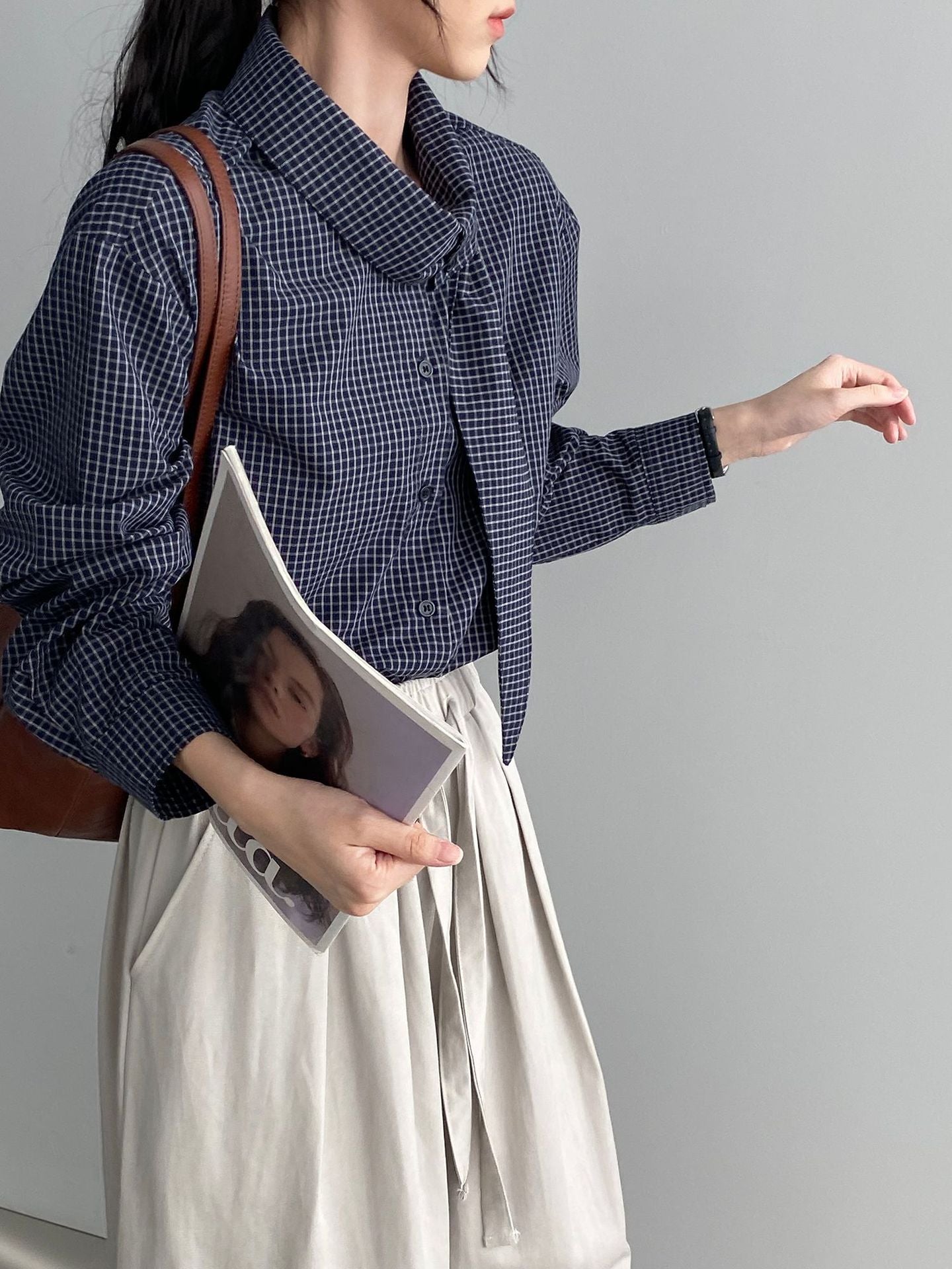 韓系設計感小衆領結格子襯衫-2色