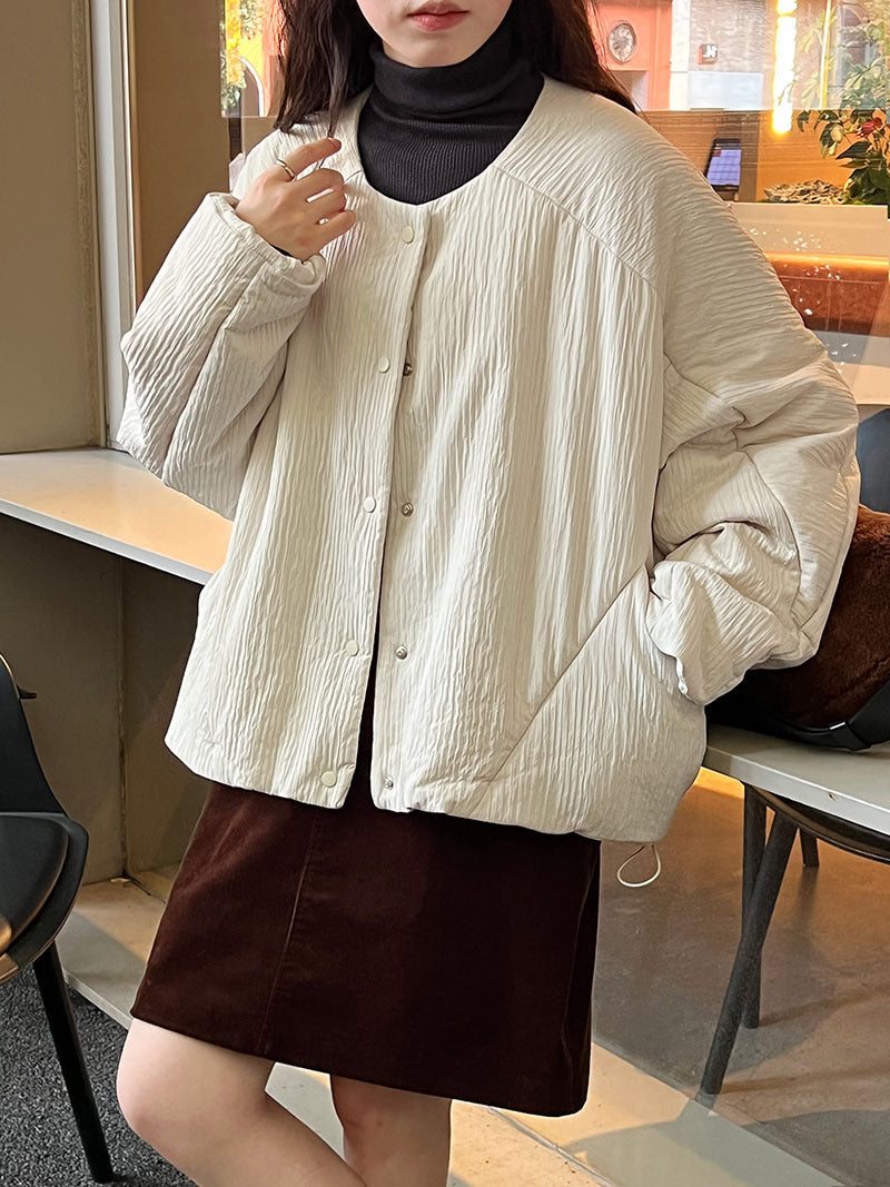 韓系簡約寬鬆休閒圓領短款棉襖夾克外套-3色