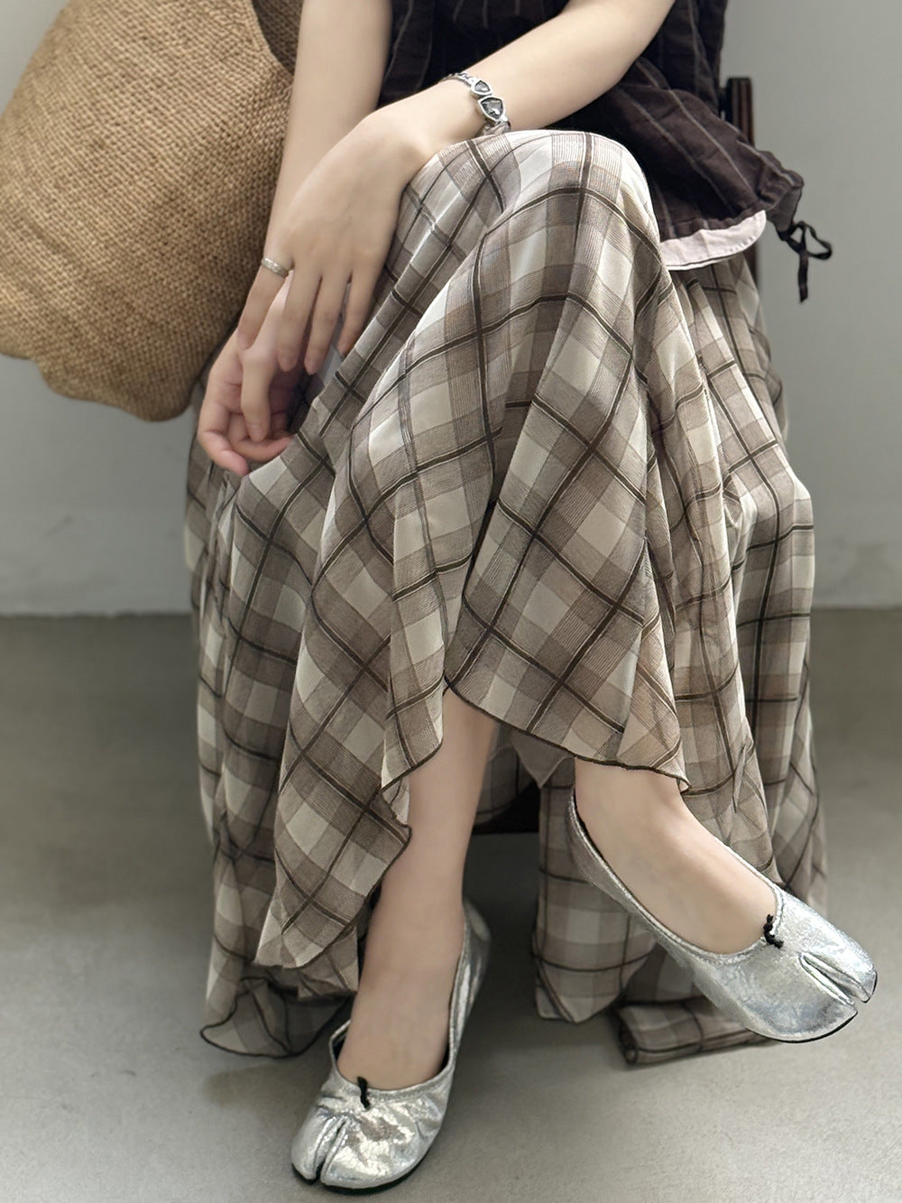 日系原宿風條紋背心＋格紋半身裙-兩件式套裝(分開販售)