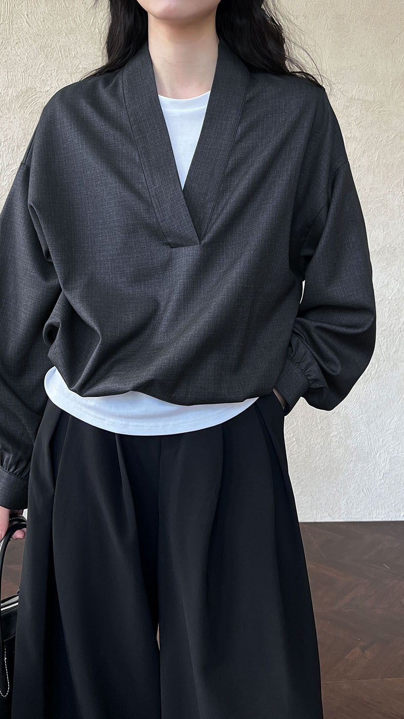 韓系慵懶風V領寬鬆收腰襯衫-2色