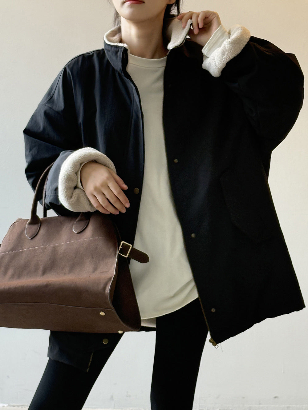 韓系設計感立領羊羔毛工裝保暖派克外套-2色