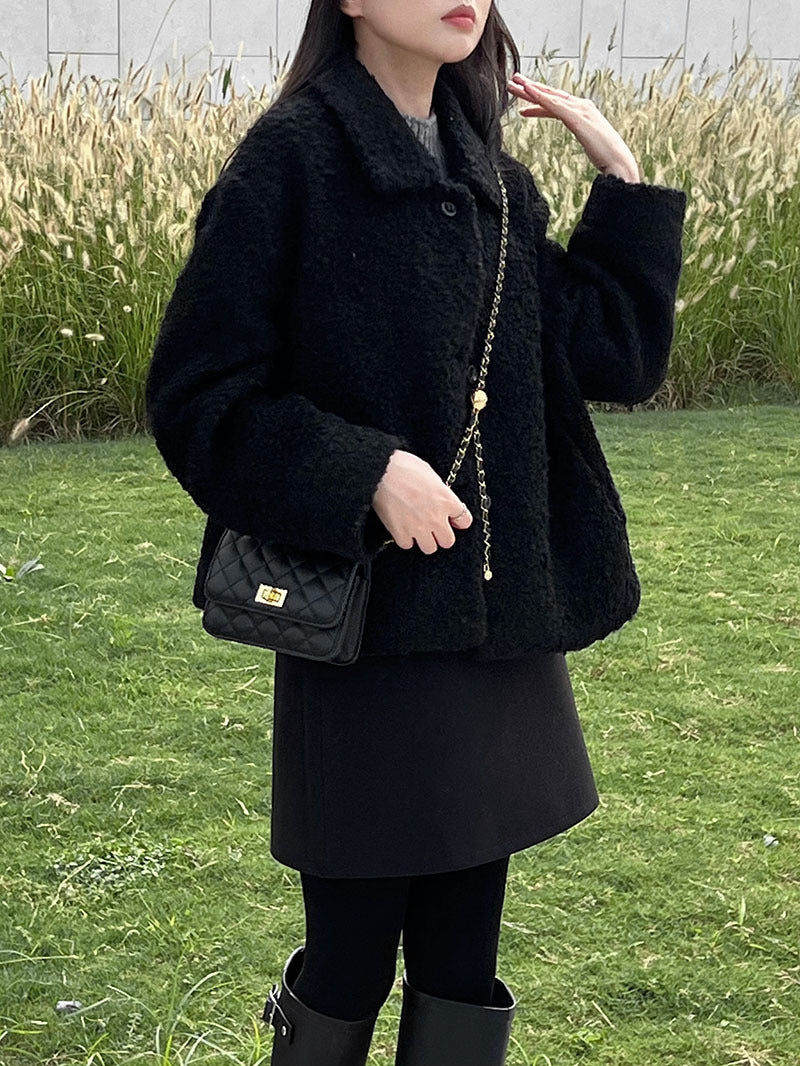 韓版單排扣短款羊羔毛翻領外套-2色