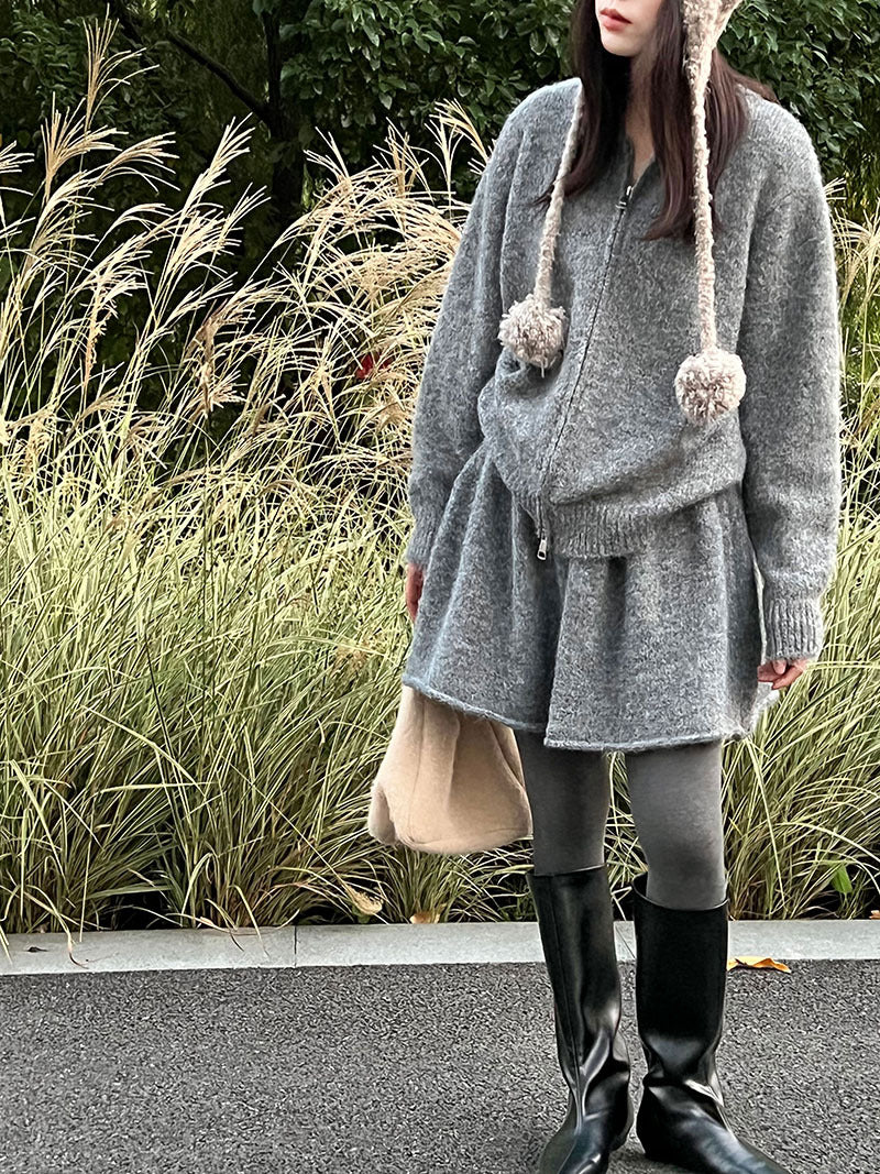 韓系軟糯休閒針織毛衣+卷邊A字短裙-兩件式套裝-3色