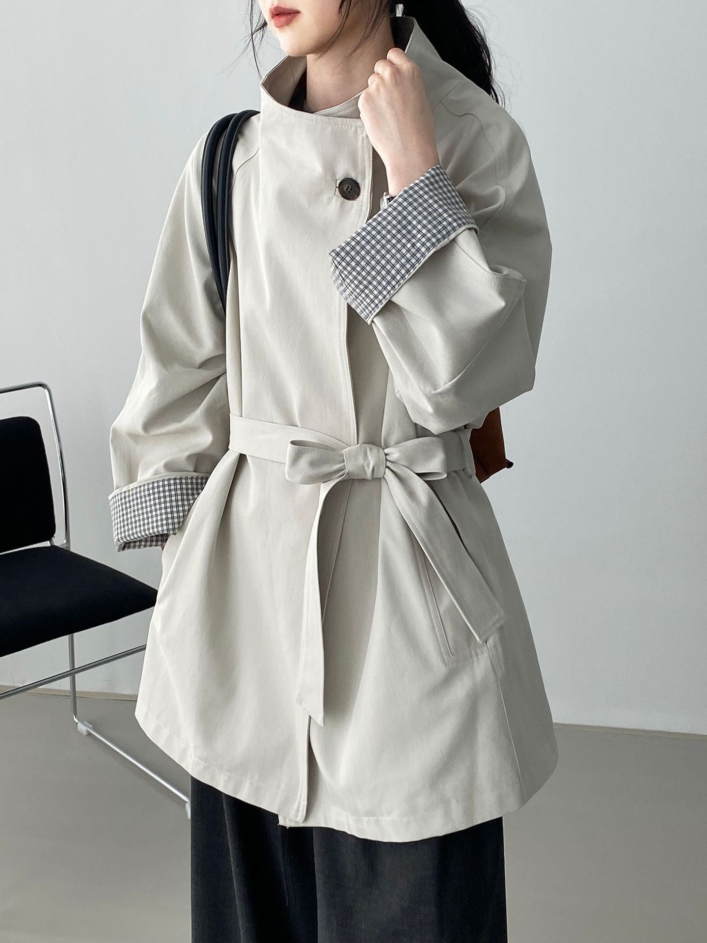 韓系復古英倫風立領寬鬆顯瘦收腰風衣外套-3色