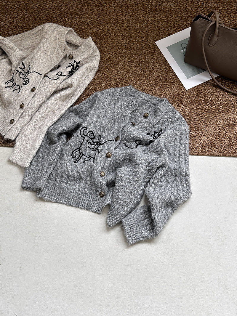 小眾刺繡軟糯長袖針織開衫-3色