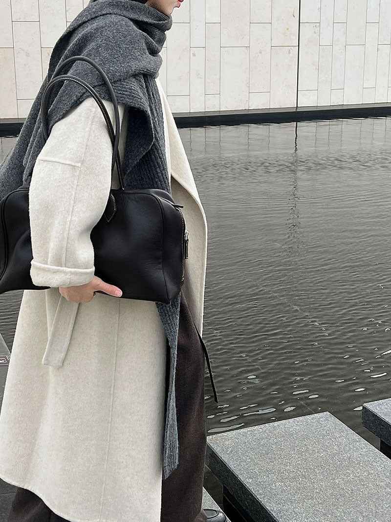 韓版慵懶斜扣領長款雙面呢羊毛大衣外套-3色