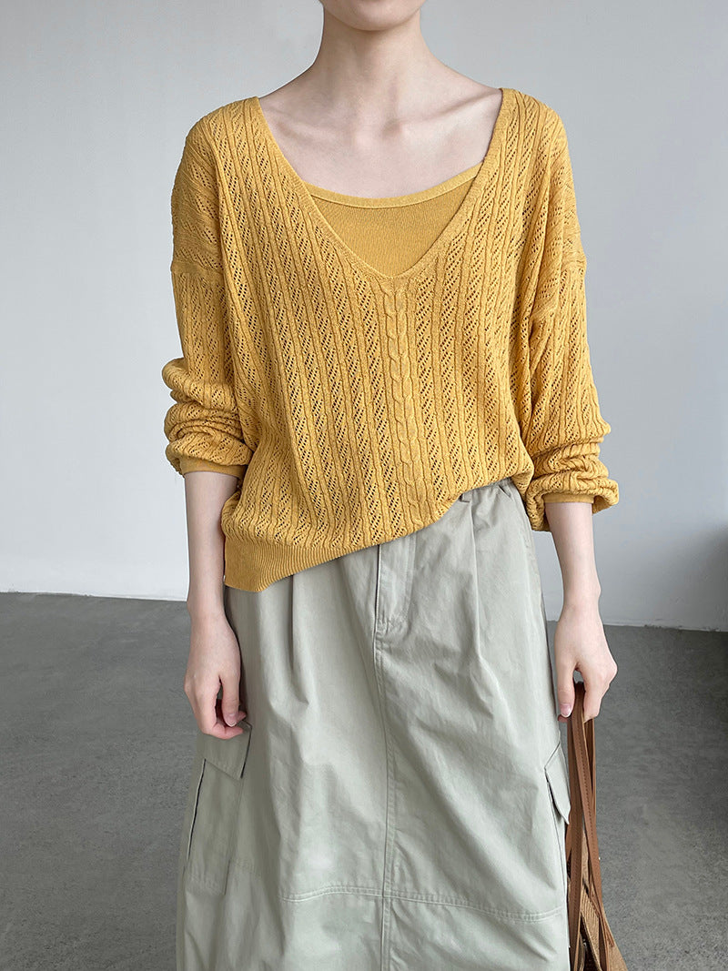 韓系鏤空V領防曬針織罩衫+吊帶上衣-兩件式套裝-4色