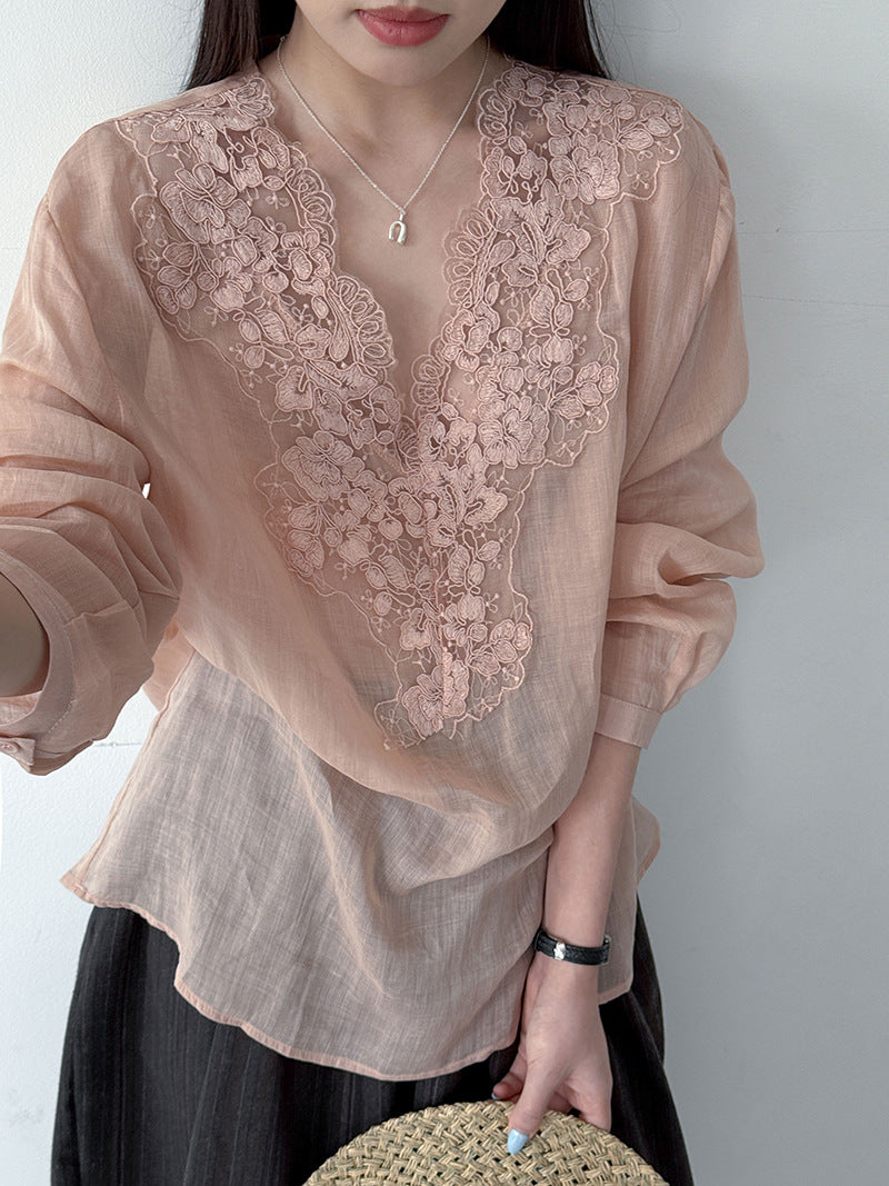 韓系刺繡苧麻拼接長袖套頭襯衫-3色
