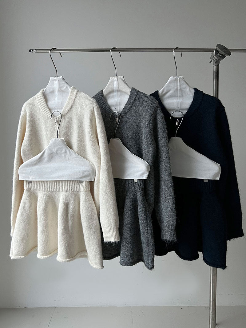 韓系軟糯休閒針織毛衣+卷邊A字短裙-兩件式套裝-3色