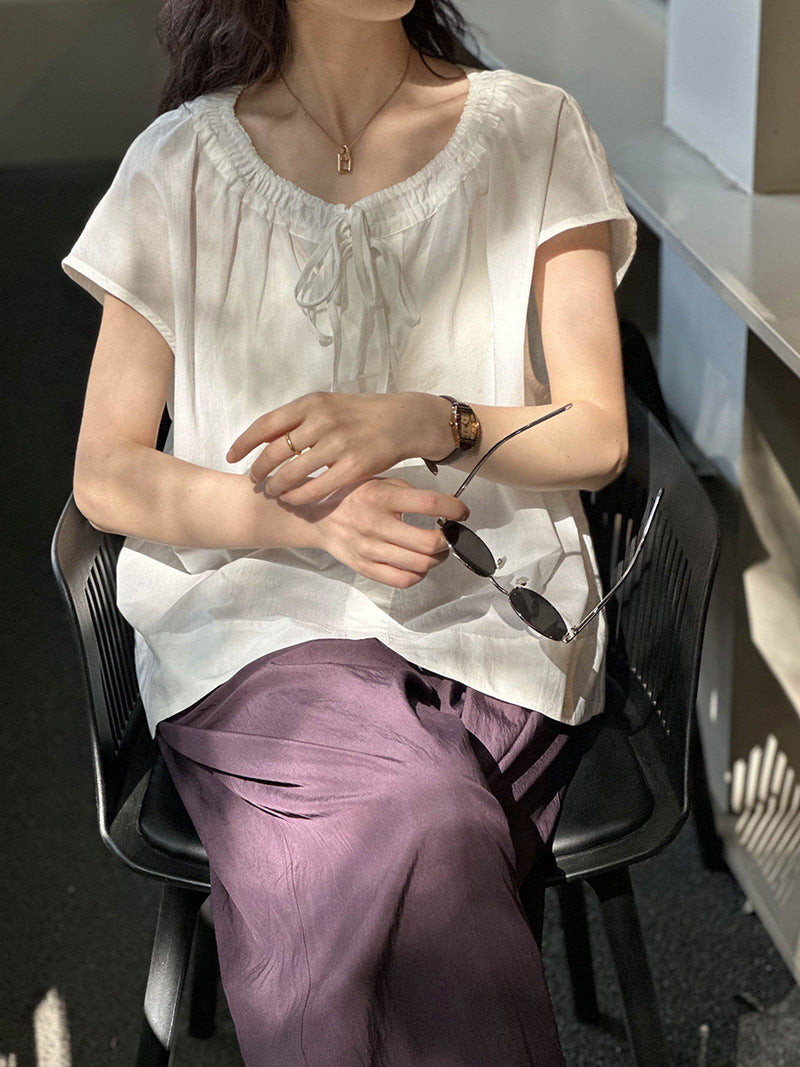 寬鬆設計透氣蝴蝶結優質柔軟襯衫-2色