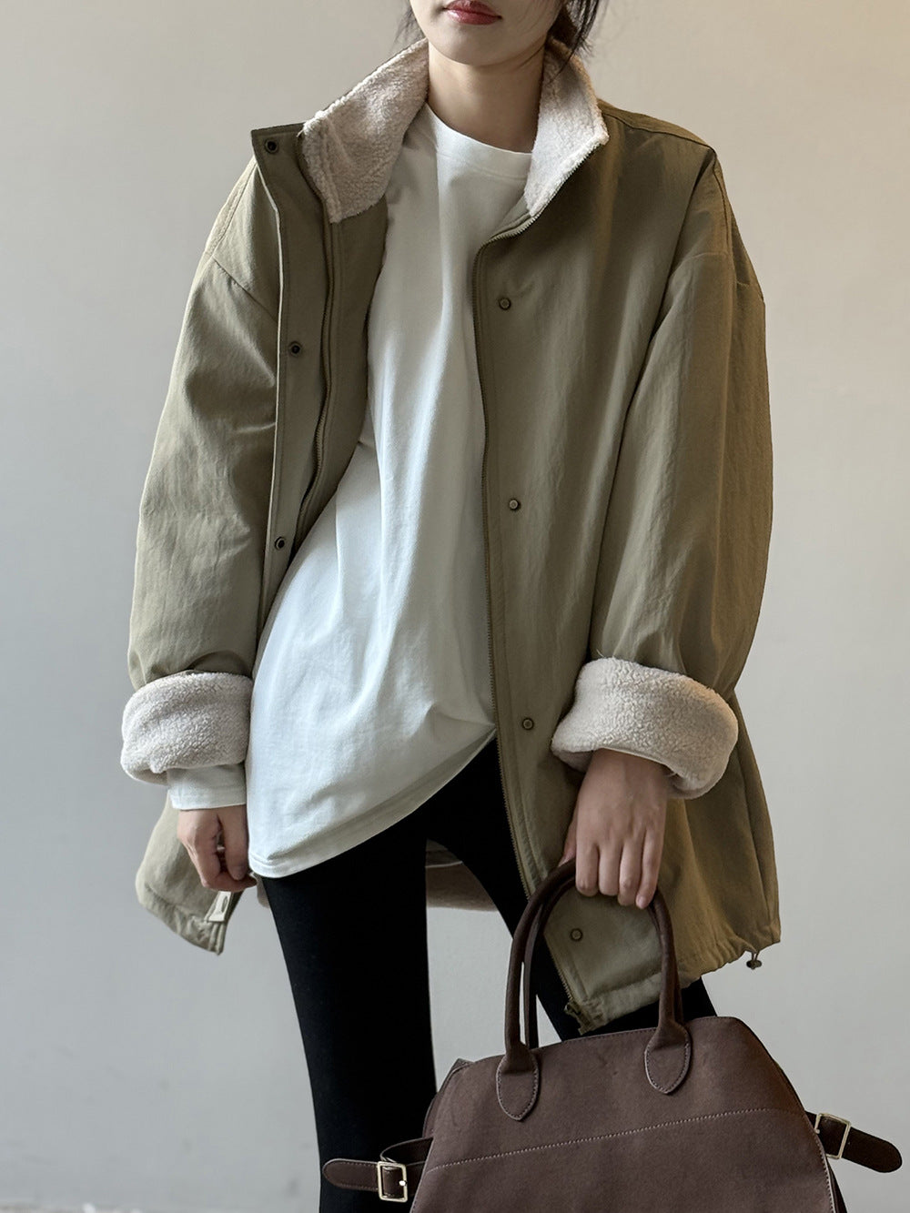 韓系設計感立領羊羔毛工裝保暖派克外套-2色