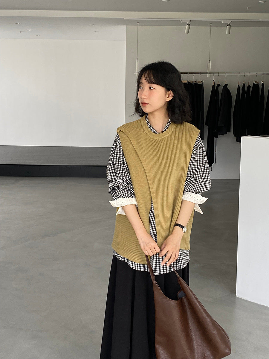 韓版不規則疊穿百搭款針織馬甲上衣-3色