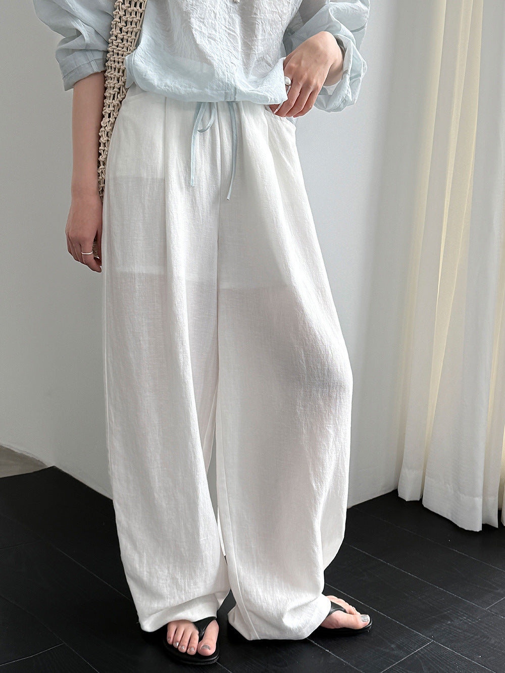 韓系亞麻垂墜感鬆緊腰闊腿褲-3色